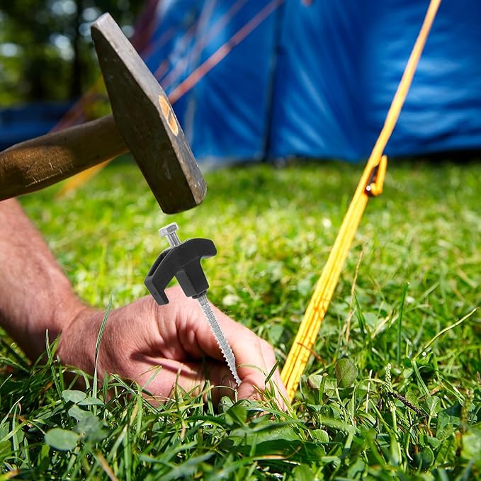 Hexagonal Carbon Steel Tent Ground Anchors with Threaded Spiral Design Camping Pegs for Beach Lawn Hard Soil Fabric-Friendly Caps for Tent Protection and Enhanced Stability