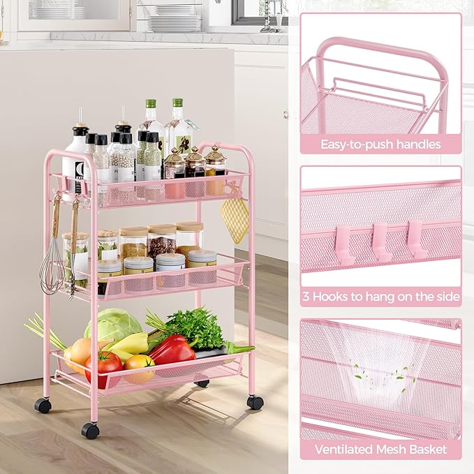 Metal Rolling Utility Cart, 3-Tier Mesh Wire Storage Trolley with Easy Assembly, Organizer Craft Cart 3 Hooks, Mobile Shelving Unit for Kitchen, Bathroom, Laundry Room, and Home