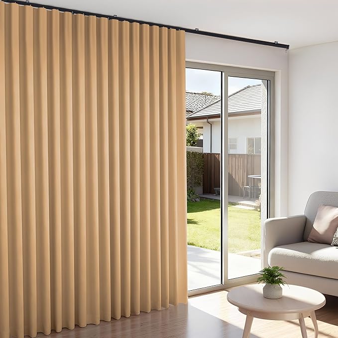 Room Divider Blackout Curtains Flexible Sliding Tracks Sets Ceiling Mounted Rod Window Curtain Privacy Separation for Bedroom Living Rooms,1 Panel Khaki Drape and Black Track Set-W108xH84 in