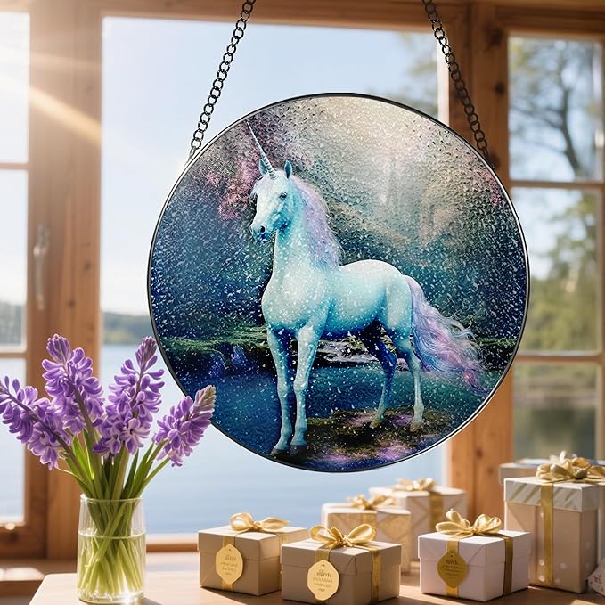 8″ Stained Glass Window Hanging Ornament, Unicorn Stained Glass Suncatcher Ornament, Sun-Catcher Window Decor | Christmas & Birthday Gifts, Festival Gift | Gifts for Women & Her
