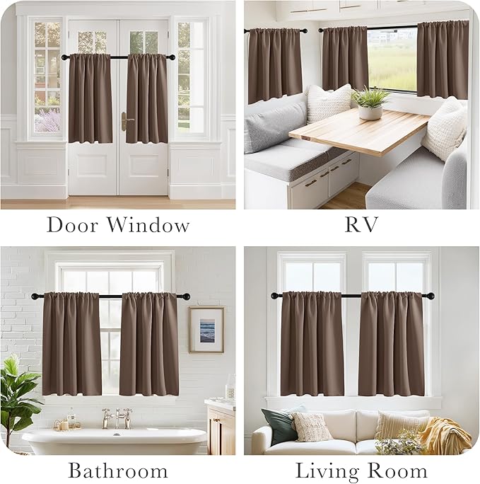 PONY DANCE Blackout Short Cafe Curtains for Bathroom - Light Block Privacy Drapes for Kitchen,Bedroom Window Decor, W 29 x L 24, Mocha, 1 Pair