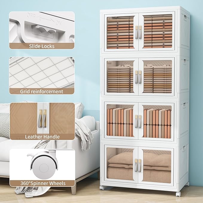 Large Clear Stackable Storage Bins with Lids, 628QT-157QT*4Tier Foldable Cabinet for Closet Organizers, Plastic Storage Box with Wheels White