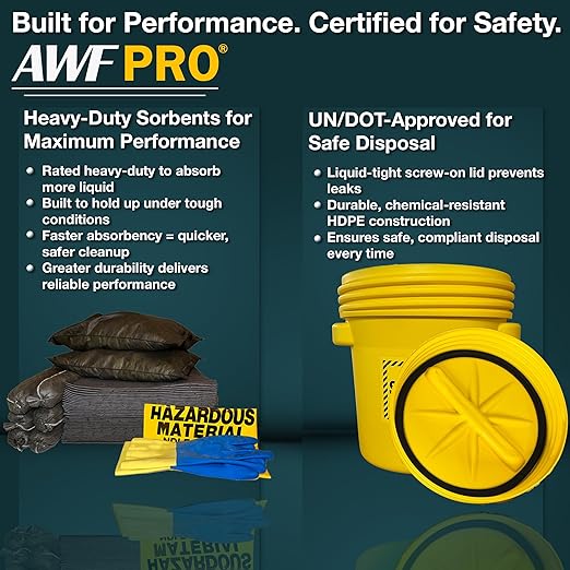 AWF PRO 20 Gallon Universal Spill Kit, 59 Pieces – 20 gal DOT Approved Drum, Socks, Pads & Pillows, & Accessories, Pack of 10
