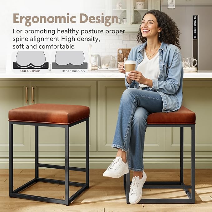 MAISON ARTS Counter Height 24" Bar Stools Set of 2 for Kitchen Counter Backless Modern Barstools Industrial Upholstered Faux Leather Stools Farmhouse Island Chairs, (24 Inch, Brown)