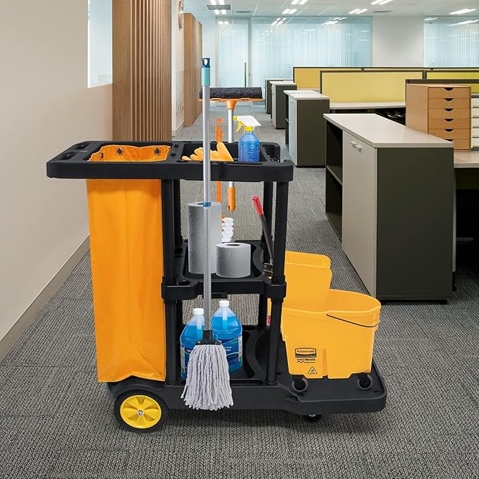 tonchean Commercial Janitorial Cart, 3-Shelf Large Capacity Housekeeping Cart with 25 Gallon Vinyl Bag & Wheels, 44.5" L x 22" W x 36.6" H, Utility Clean Trolley for Professional Cleaning, Black