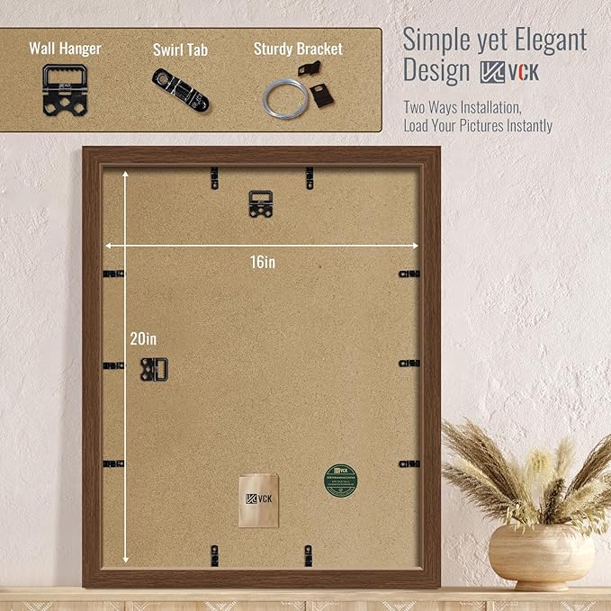 VCK 16x20 Picture Frame 5 Pack - Brown, High-End Wood Poster Frames with Tempered Glass, Display 11x14 Photo with Mat or 16x20 without Mat, Art Gallery-Quality, Wall Hanging, Brown