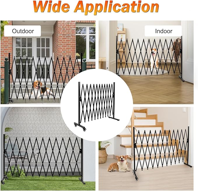 SMONTER Expandable Barricade Gate, 129" Metal Safety Barrier Gate with Casters, Accordion Garden Yard Fence Portable Dog Gates with Latch Indoor Outdoor