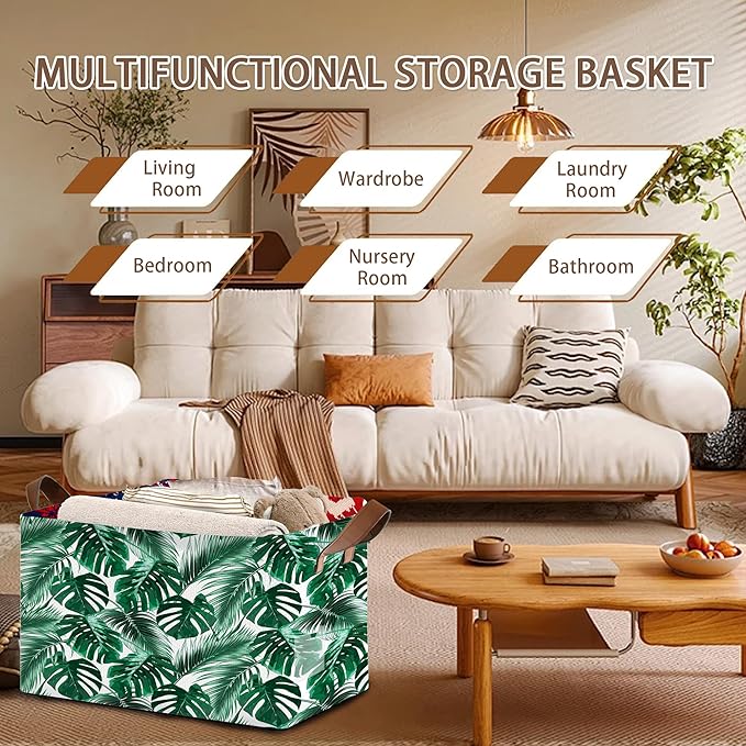 Foldable Collapsible Storage Bin with Palm & Banana Leaf Design-17x11.5x10.5 Inch Organizer Basket for Home, Nursery, Closet-Single Pack, No Lid Space-Saving Storage Box