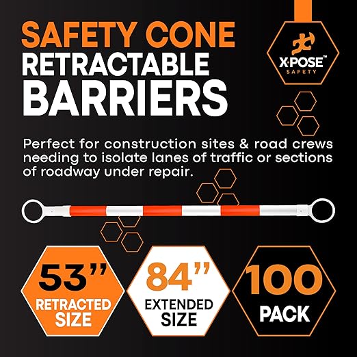 Retractable Barrier for Safety Traffic Cones - 2" OD - Large Yellow and Black Bar Barricade - for Road Construction, Parking, Warning, Temporary Security Divider (100, Orange & White, 53" x 84")