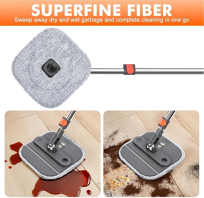 KZKR Upgraded Spin Mop and Bucket Set, Separate Clean and Dirty Water System, 360° Foldable Square Mop Head with Washable Microfibe Mops Pad, Detachable Bucket for Home Floor Cleaning