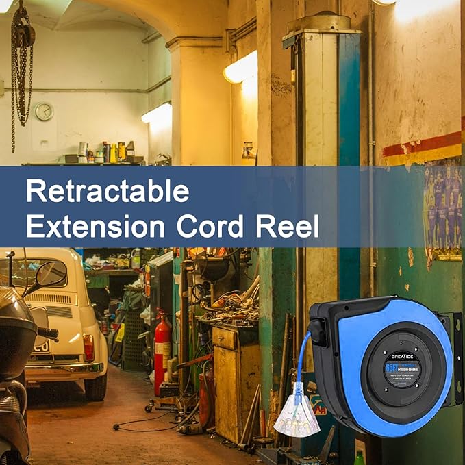 Retractable Extension Cord Reel, 65 Feet 12 AWG/3C SJTOW Heavy Duty Power Cord,15 AMP Circuit Breaker, 3-Lighted Triple Outlets, Ceiling or Wall Mount Use Gifts for Dad