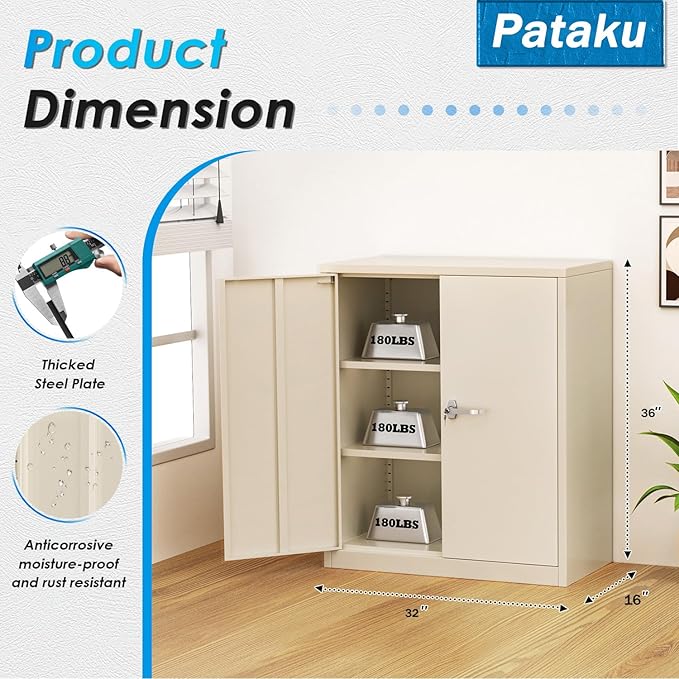 Pataku Metal Storage Cabinet, Garage Cabinet with Doors and Shelves 36" Hx32 Wx16 D, Steel Lockable File Cabinets for Office, Home, Garage, Basement, Industrial, Putty