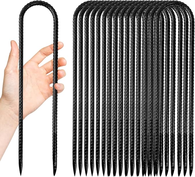 Anothera 16 Pack Trampoline Stakes Anchors High Wind, 12 Inches Tent Stakes Heavy Duty, Galvanized Steel Ground Stakes Kit, U Shaped Rebar Stakes for Trampoline, Tents, Fence