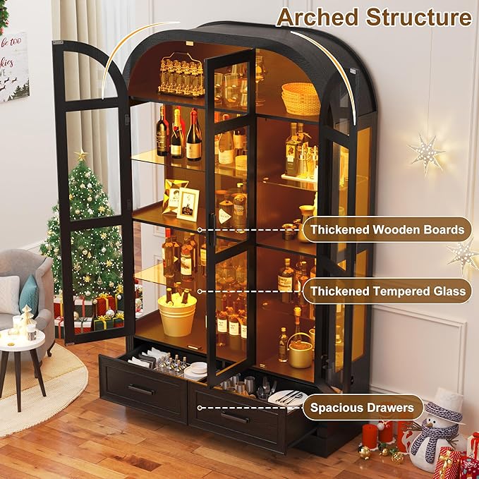 Arched Display Cabinet with 3 Glass Doors,5-Tier Curio Cabinet W/3 Color Lights for Collectibles,78'' Tall Curio Cabinet W/2 Drawers,Modern Display Case W/Human Body Sensor for Living/Game Room,Black