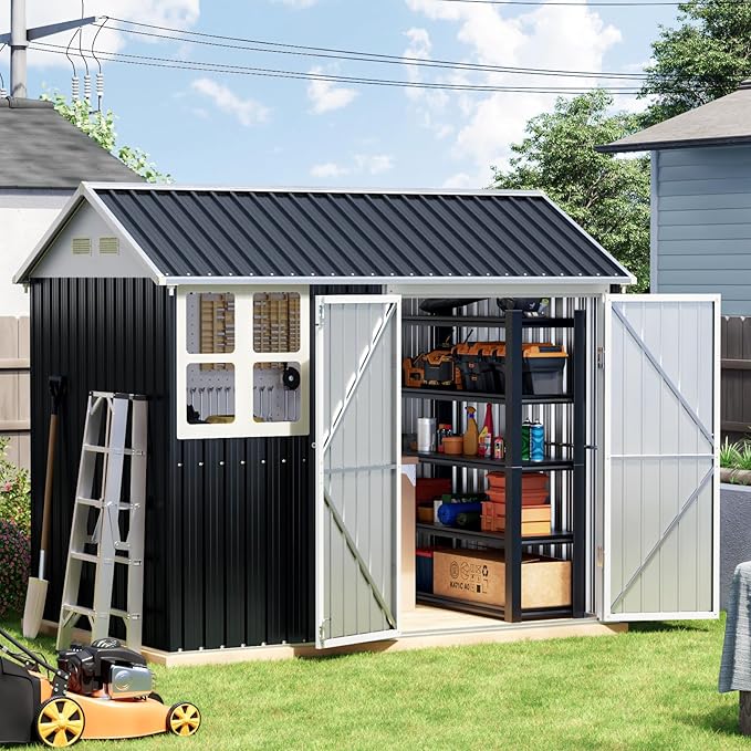 8x6 FT Outdoor Metal Storage Shed with Floor Frame, Double Doors, 1 Clear Window, Tool Shed for Garden, Patio, Backyard