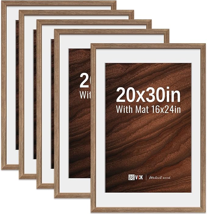 VCK 20x30 Poster Frame 5 Pack - Walnut, High-End Wood Picture Frames with Polished Plexiglass, Display 16x24 Photo with Mat or 20x30 without Mat, Art Gallery-Quality, Wall Hanging, Walnut
