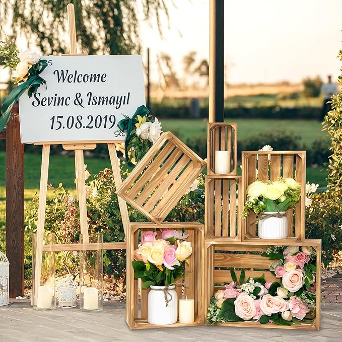 Wooden Crates for Display 6 Pack Extra Large Rustic Nesting Wooden Basket with Handle, Decorative Farmhouse Wood Crate for Storage and Container, 6 Size Wood Basket Decor Boxes