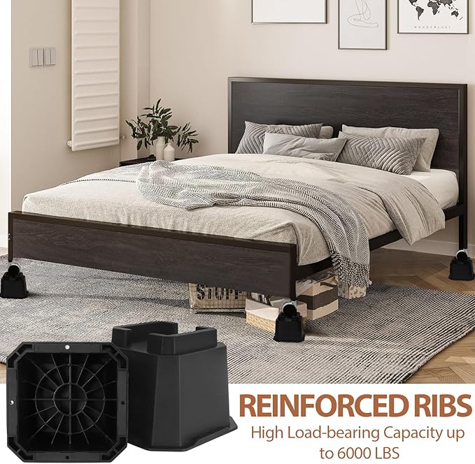 shouwuhho Bed Risers 4 inch, Furniture Risers Elevation in Heights 4 Inch Heavy Duty, Bed Lift Risers for Caster Wheels or Posts of Bed Table Couch, Support up to 6000 lbs, 4 Pack, Black