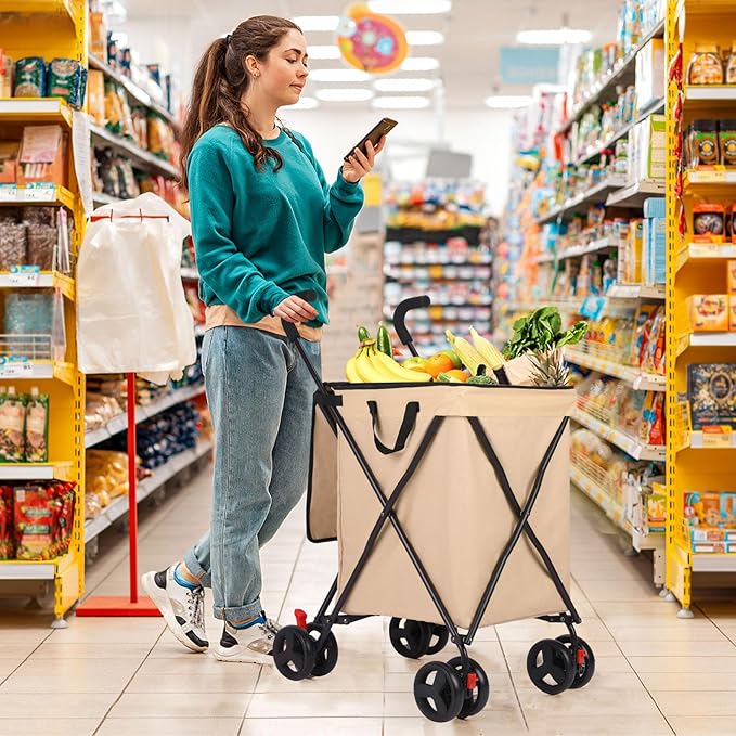 27 Gal/180 LBS Capacity Shopping Cart, Upgrade Huge Grocery Cart on Wheels,Heavy Duty Foldable Utility 360° Rolling Swivel Wheels for Shopping Picnic Groceries Laundry (Khaki)