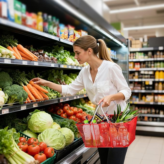 VEVOR Shopping Baskets, 12 PCS, 22L Stackable Metal Grocery Baskets with Handles, Dense Mesh Structure, Holds up to 44 lbs, Portable for Grocery, Retail, Stores, Supermarket, Bookstore, Home Use, Red