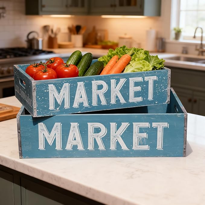 Extra Large Wooden Crate Set of 2 Rustic Wood Storage Crates Farmhouse Nesting Wooden Crate Basket Vintage Home Decorative Boxes with Handles for Display (Blue)