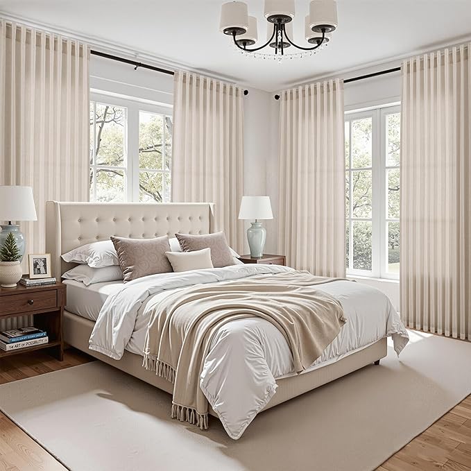 Nanspring Extra Long 120 Inch Curtains for Living Room Cream Beige Linen Light Filtering Semi Sheer Curtain Back Tab Modern Farmhouse Decor Floor to Ceiling High Window for Bedroom 52x120, 2 Panels