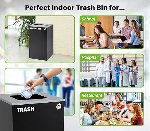 Alpine Industries 29 Gallon Commercial Indoor Recycle Bin, Modern Black Metal Container with Optional Lids
