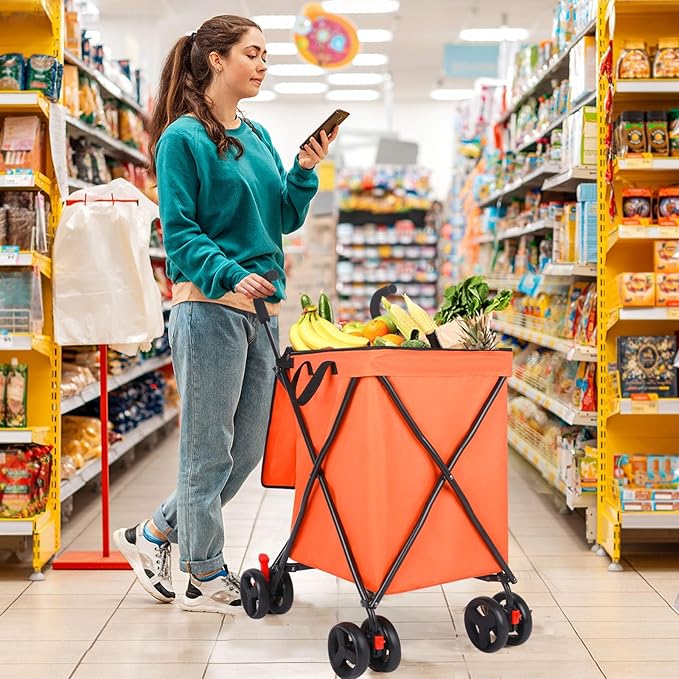 27 Gal/180 LBS Capacity Shopping Cart, Upgrade Huge Grocery Cart on Wheels,Heavy Duty Foldable Utility 360° Rolling Swivel Wheels for Shopping Picnic Groceries Laundry (Orange)