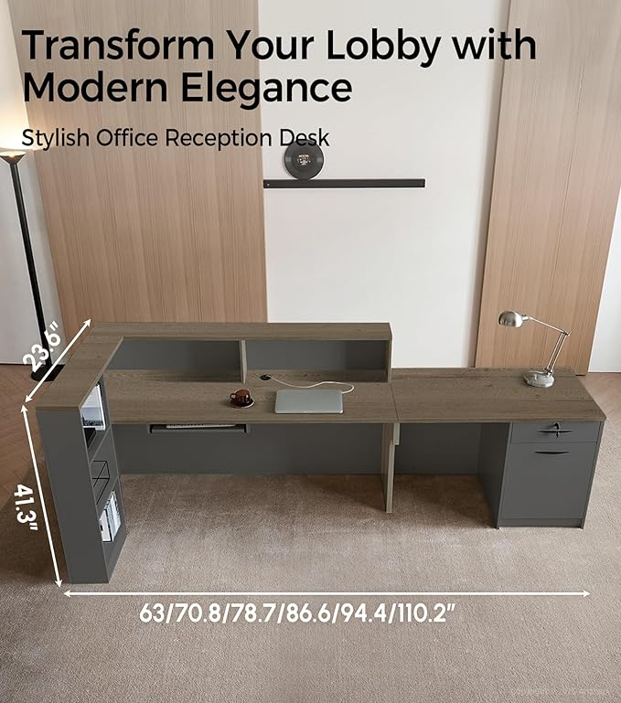 Modern L-Shaped Reception Desk with Counter - 63 inch Front Desk Reception Counter with Open Shelves, Lockable Drawer & Keyboard Tray for Office, Lobby, Checkout (Tobacco Wood + Iron Gray - Left)