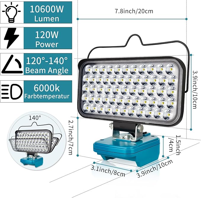 Cordless LED Work Light for Makita 18v Battery, Portable Flood Lights 120W Spotlight Compact Lighting 10600LM with Type C & USB Fast Charging for Camping, Hiking, Fishing,Power Failure,Workshop