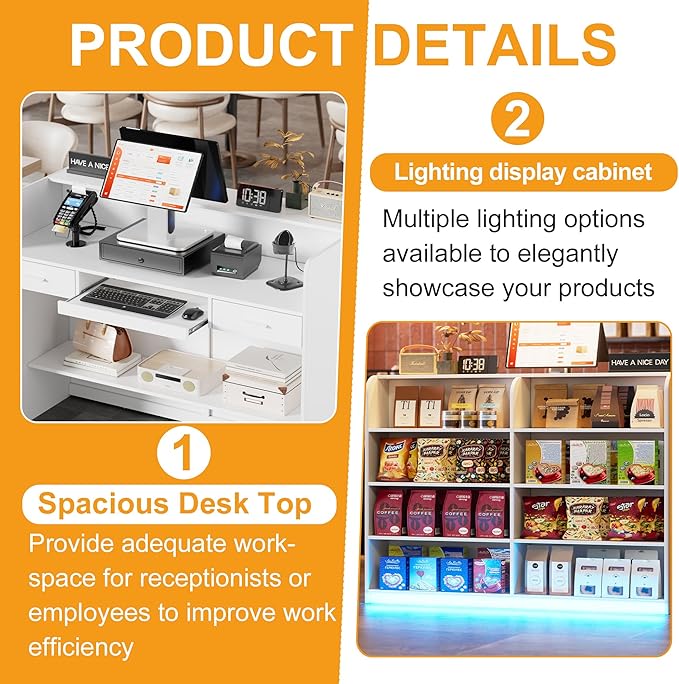 PAKASEPT Reception Desk with Counter for Retail & Checkout,Modern Front Reception Counter with LED Lights,Drawers & Open Shelves,Retail Counter with Storage for Countertop,Beauty Salon,Shop,Bar,White