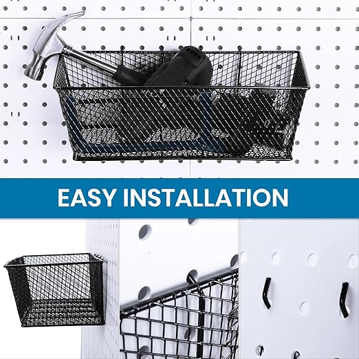 Sieral 4 Pcs Black Pegboard Baskets Metal Wire Shelf Baskets Peg Board Organizer Accessories Wall Mount Organizer Attachments for Garage Workbench Various Tool Accessories, 2 Sizes (Small, Large)