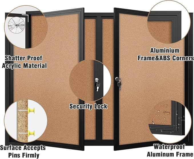 Mifuro 48"x34" Enclosed Bulletin Board, Outdoor Lockable Weather-Resistant Aluminum Cork Noticeboard for School & Office, Black Frame w/Cork