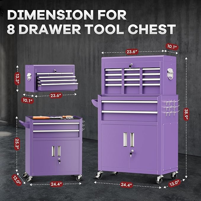 Bonusall 8 Drawer Rolling Tool Chest and Cabinet Combo,Heavy-Duty Metal Garage Tool Chest with Wheels and 2 Doors,2-in-1 Top Box and Roller Cabinet Combo for Garage, Workshop, Warehouse-Purple