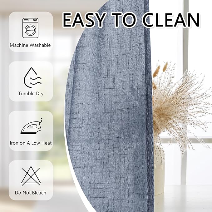 MYSKY HOME Blue Curtains for Bedroom 63 Inches Long Semi Sheer Light Filtering Drapes for Small Window Pinch Pleated Linen Look Window Draperies Set Country Curtains, 40 x 63 in, Dusty Blue, 2 Pieces