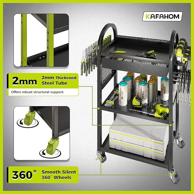KAFAHOM Power Tool Cart with Charging Station, Rolling Cart with Drawer, Heavy Duty Power Tool Organizer with 360 Silent Wheels, Storage for Garage, Warehouse & Repair Shop