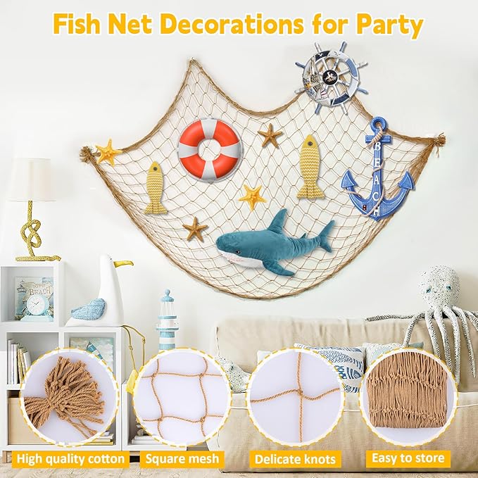 2 Pcs Fish Net Decorations, 39x78 Inch Cotton Nautical Themed Fishing Net, Wall Hanging Photo Display Fishnet for Coastal Bedroom Bathroom, Pirate Hawaiian Beach Under The Sea Party Decor,Linen Color