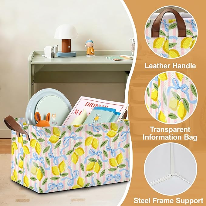32L Large Storage Bins with Handles, Watercolor Fruit Basket Organizer for Shelves, Closet, Books, Laundry & Home Decor (Lemons)