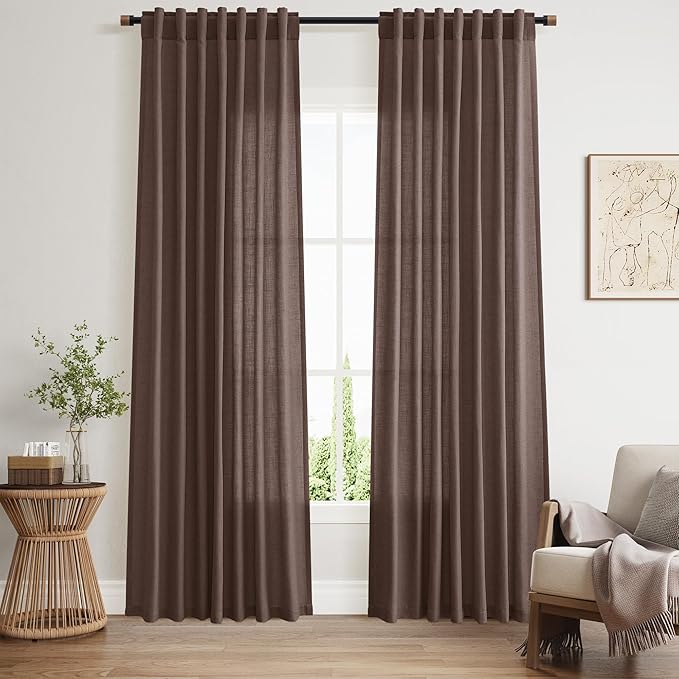 Nanspring Cappuccino Linen Blend Light Filtering Back Tab Curtains 84 Inches Long, Semi Sheer Privacy Drapes for Living Room & Bedroom Simple Style, 52x84 inch, 2 Panels