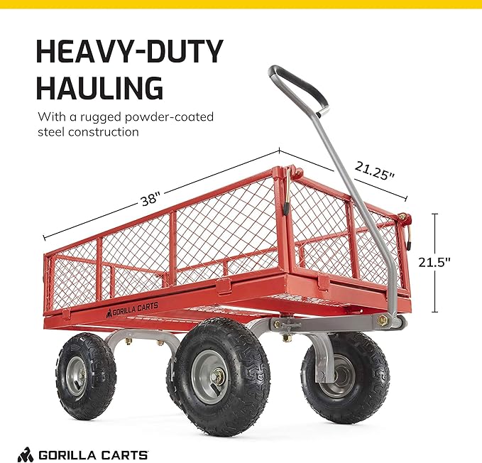 Gorilla Carts Steel Utility Cart, 4 Cu Ft Bed, 800 lb Load Capacity, Red – Heavy-Duty Outdoor Hauling Wagon with Removable Side Panels for Yard, Lawn, Garden or Landscaping