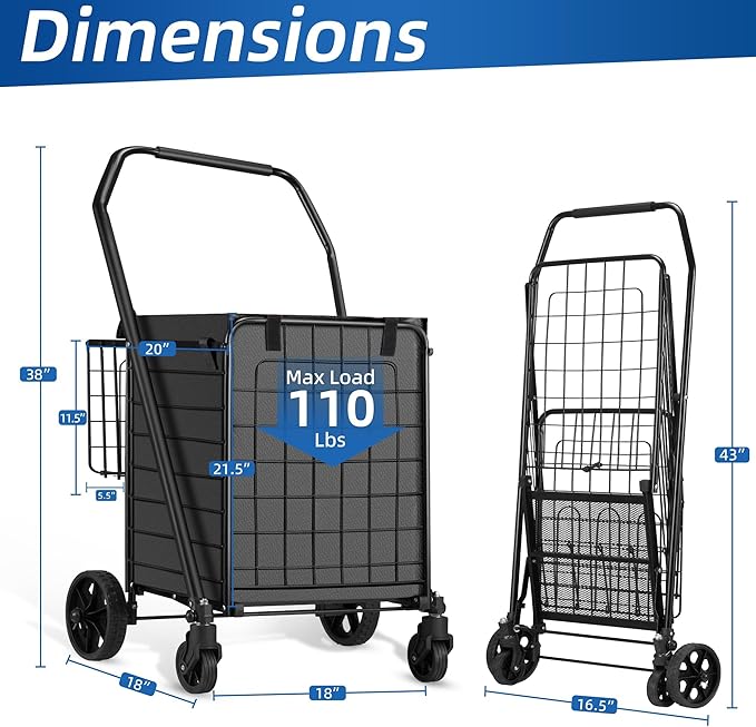 HABUTWAY Grocery Cart on Wheels for Groceries, Folding Shopping Carts with Liner, 110LBS Large Capacity Jumbo Grocery Cart with Dual Basket, 360° Rolling Laundry Cart, Lightweight Trolley for Senior