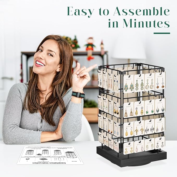 EsLuker.ly Rotating Earring Display Holder Stand for Vendors Events Selling, Large Capacity 64 Hooks Jewelry Rack with Wooden Base for Earring Card Sales, Enhances Retail Visibility