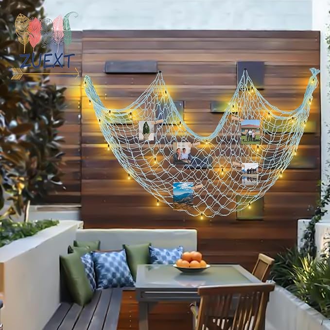 ZUEXT Decorative Fishing Net Large Blue & Beige 80x40 Inch, 2 Pack Picture Fish Net, Wall Photo Hanging Fishnet for Nautical Mermaid Pirate Ocean Themed Hawaii Beach Under The Sea Party Decorations