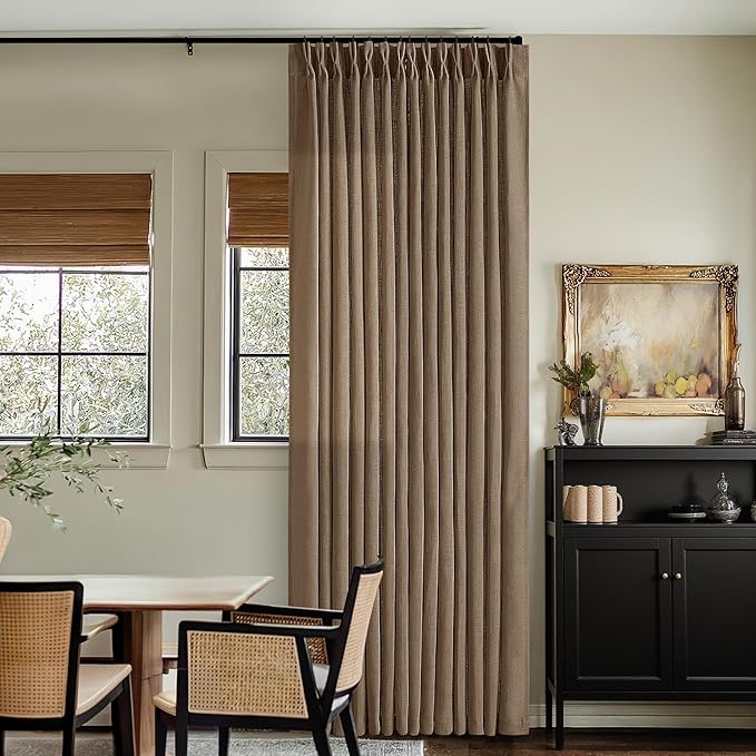 Brown Pleated Linen Curtains 96 Inches Long for Living Room 2 Panel Set Semi Sheer Light Filtering Pinch Pleat with Rings Hooks Drapes Boho Rustic Farmhouse Dutch Cocoa Curtain Bedroom Window