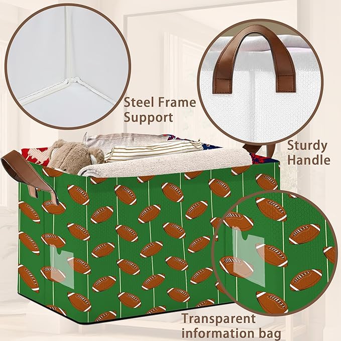 Football Storage Basket Large 17x11.5x10.5 Inches - Collapsible Sports Organizer Bin with Handles for Game Room,Toys,Laundry - Foldable Decorative Hamper with Football Pattern - Single Pack