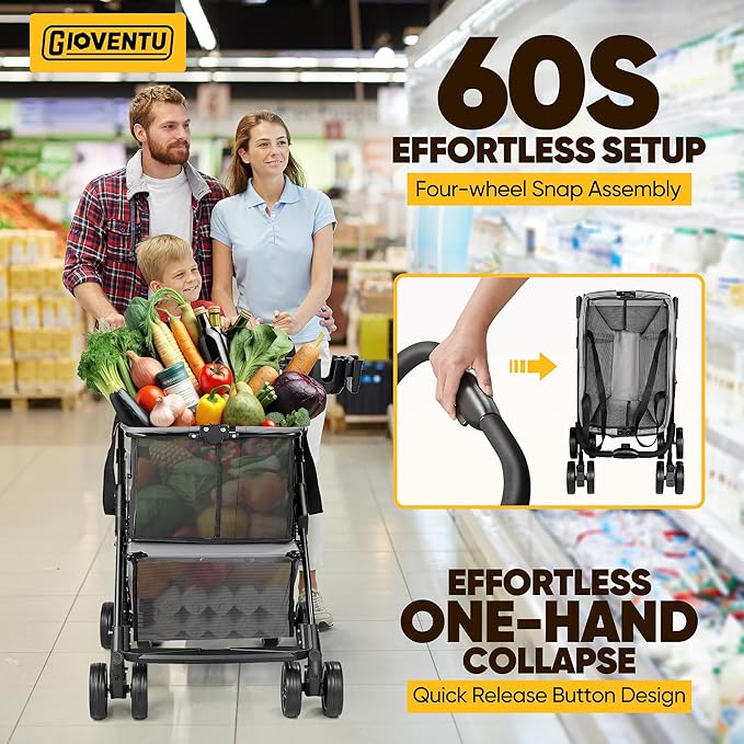 𝐈𝐦𝐩𝐫𝐨𝐯𝐞𝐝 𝐕𝐞𝐫𝐬𝐢𝐨𝐧 Folding Shopping Cart for Groceries, 80lbs Collapsible Grocery Cart with Removable Basket and Swivel Wheels, One-Hand Fold, Portable Personal Stroller Shopping Carts