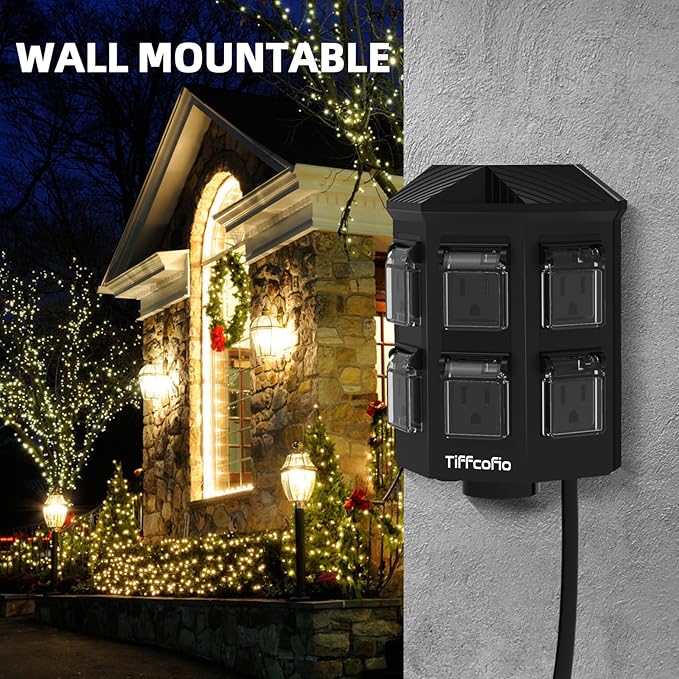 TiFFCOFiO Outdoor Power Strip Weatherproof, 50 FT Extension Cord with Power Stake, 6 Grounded Outlets for Outdoor Lights, 15A/1875W, ETL Listed