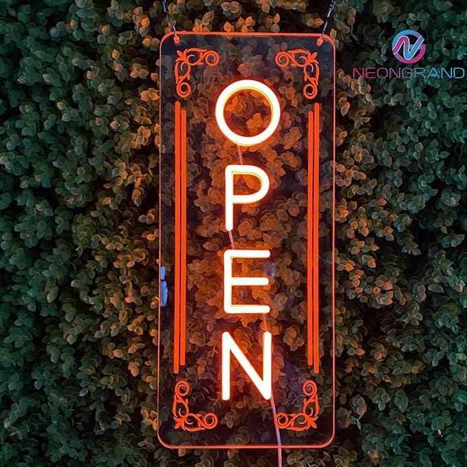 Vertical LED Open Signs for business – Super Bright - UV Printing Pattern, Remote Included - Large Size 18x45'' - Neon Open Sign for Café, Bar, Shop & Business Sign (Orange)