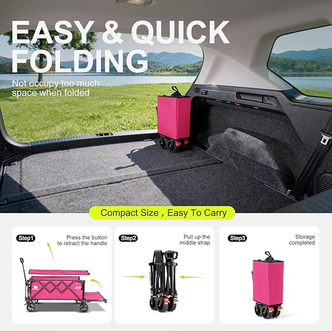 Collapsible Wagon Cart with Extended Tailgate,Heavy Duty Folding Cart, 155L Foldable Utility Wagons for Beach, Picnic, Grocery, Outdoor Camping(Pink)