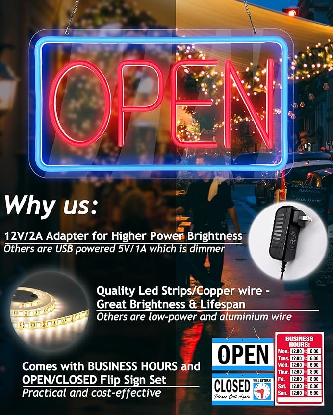 Open Signs for Business,Neon Open Sign Led,16.5"x 9",with Open/Closed Bussiness Hour Sign Set,Light for Bar Coffee Salon Store Window,12V/2A Adapter with ON/OFF Switch (Blue/Red Horizontal)